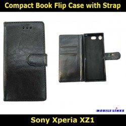 Compact Book Flip Case with Strap For Sony Xperia XZ1 G8341 Slim Fit Look